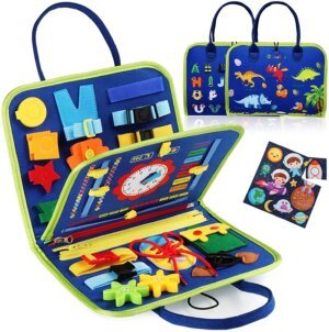 planche d'activités/busy board montessori bleu dinosaure - jeux éveil et sensoriel pour enfants