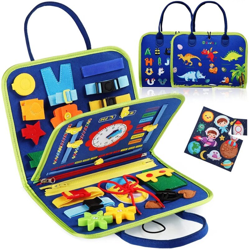 planche d'activités/busy board montessori bleu dinosaure - jeux éveil et sensoriel pour enfants